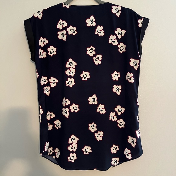 Express Women’s Navy Silky Floral Blouse with Cuffed Cap Sleeve, Deep V - Picture 2 of 8